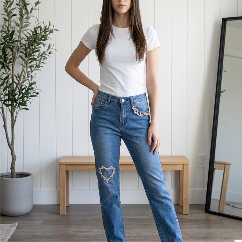 Beaded Heart Accent Blue Women's Jeans